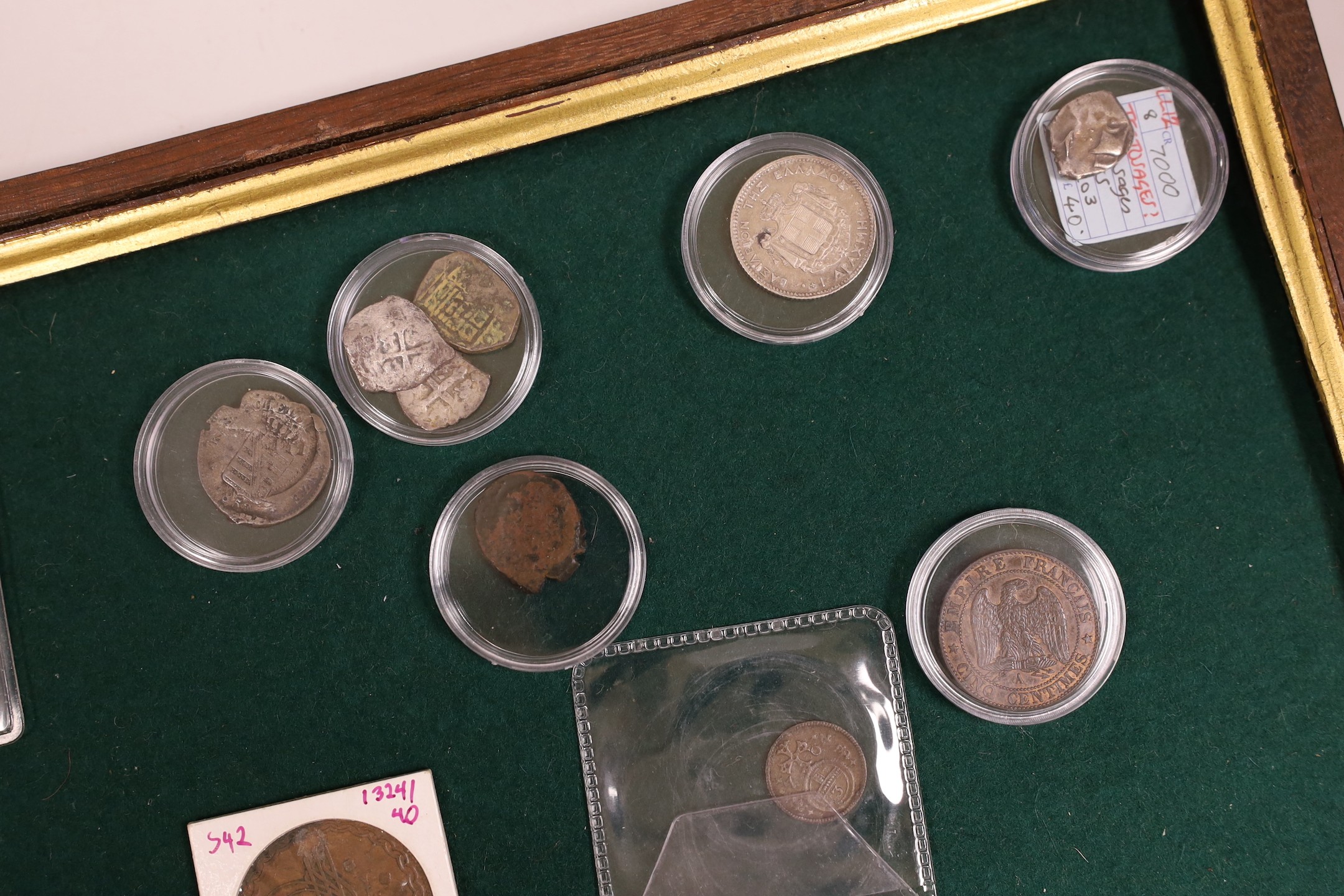 World coins - British-India, George V, 1 Rupee, (1911) Pig elephant, UNC, two U.S. one cent planchet die errors, U.S. quarter dollar 1932, Russia 1 rouble 1894, near VF, a Tectosages AR cross coin, European medieval coin